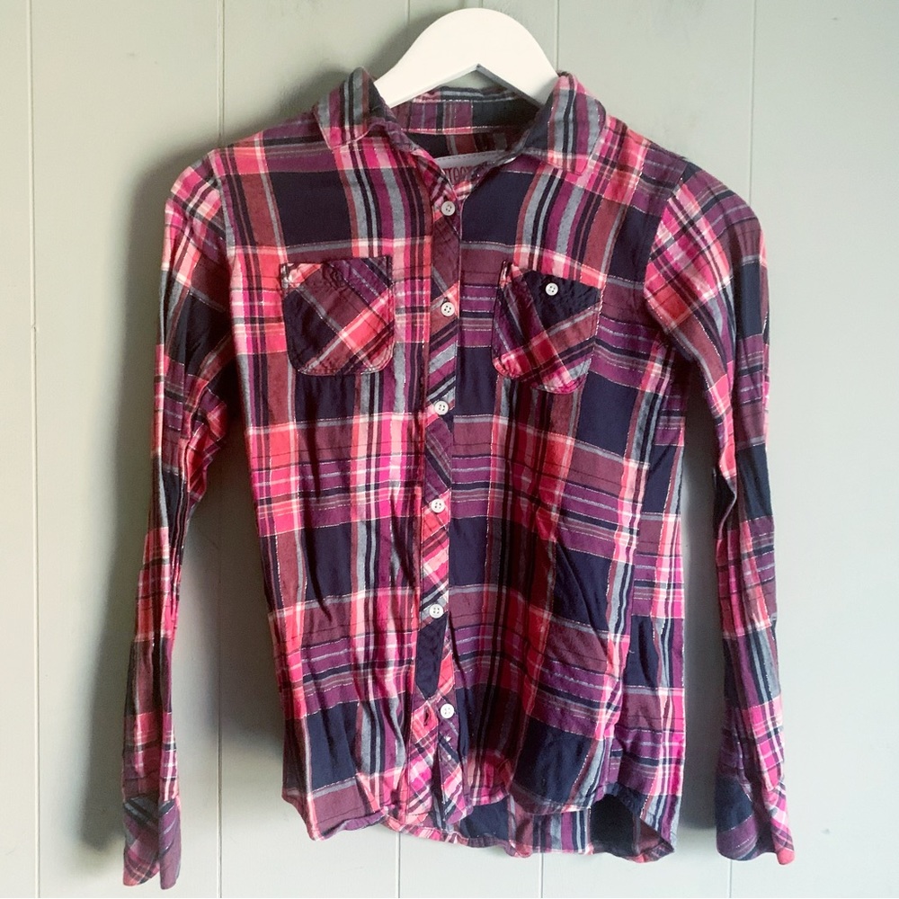 GREEN SODA Pink Navy Silver Plaid Flannel Button Down Shirt